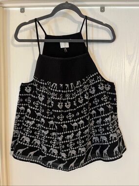 Anthropologie HD Black Tank with Ivory Animal Motif